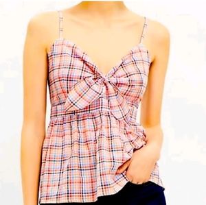 NWT Loft pink plaid gingham peplum tank top. Size medium with shirred back and t
